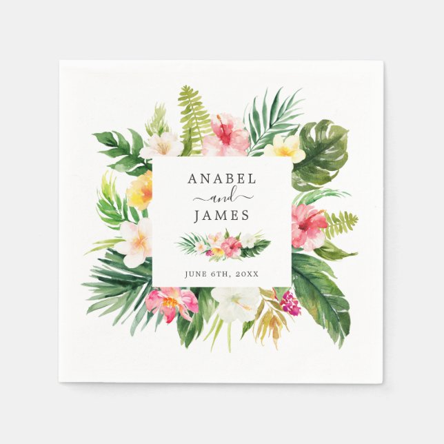 Tropical Palm Banana Leaves Blush Floral Wedding Napkin (Front)