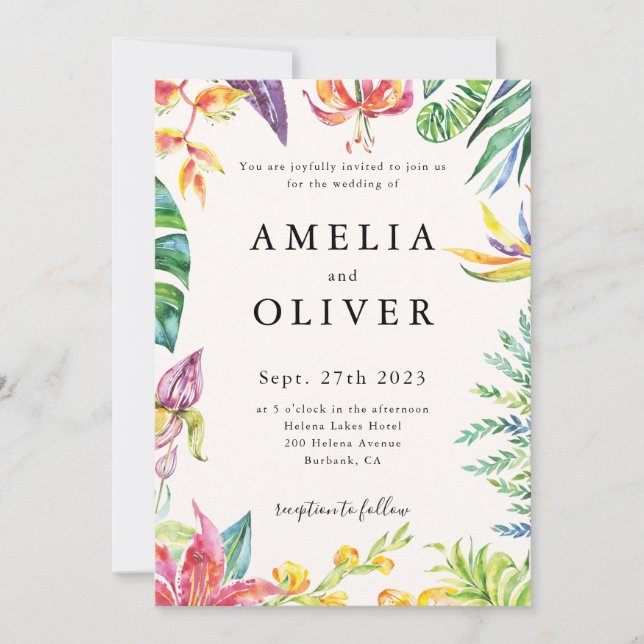 Tropical Palm Banana Leaves Floral Wedding  Invitation (Front)