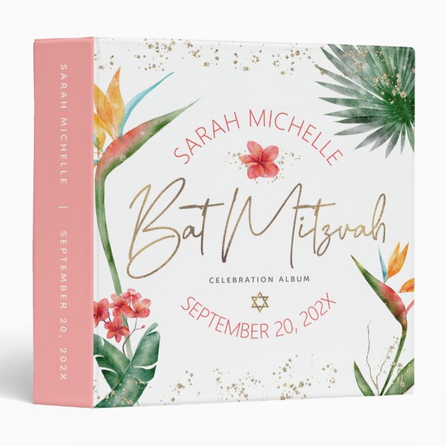 Tropical Palm Bat Mitzvah Gold Script Keepsake Binder (Front/Spine)