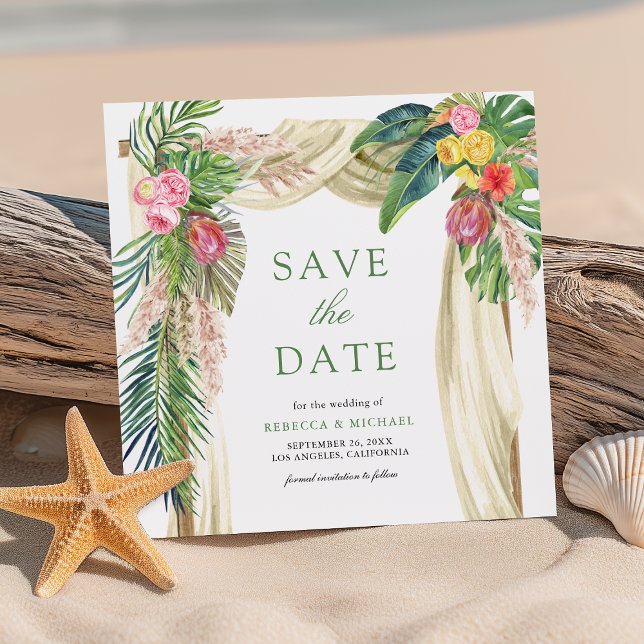 Tropical Palm Beach Boho Pampas Arch Wedding Save The Date (Creator Uploaded)