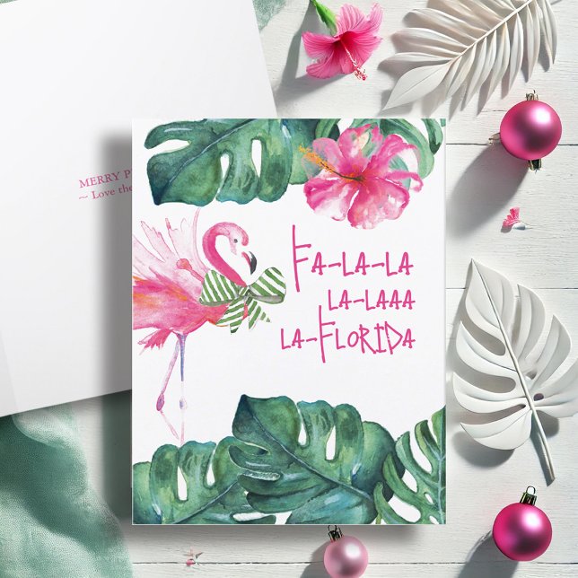 Tropical Palm Beach Christmas Cards (Pink flamingo Christmas cards watercolor tropical art by Victoria Grigaliunas of Do Tell A Belle)