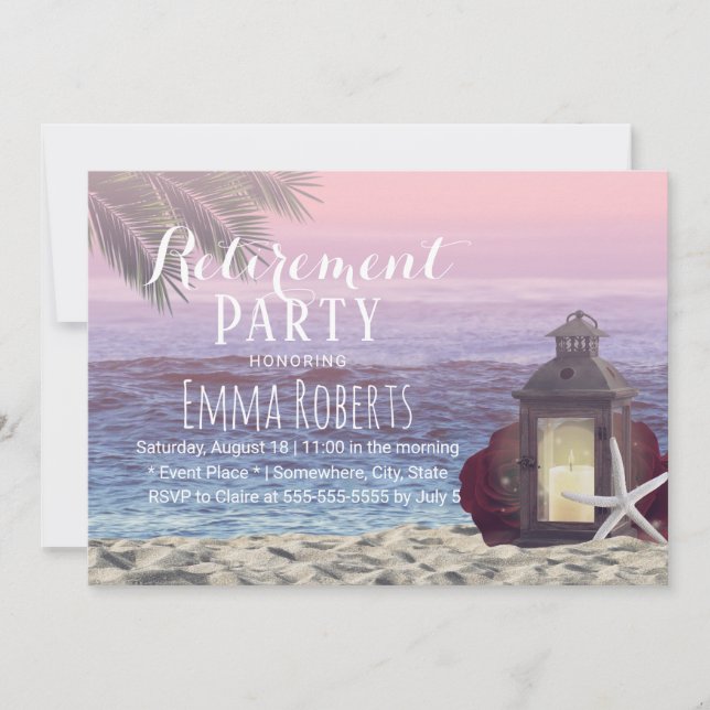 Tropical Palm Beach Starfish Lantern Retirement Invitation (Front)