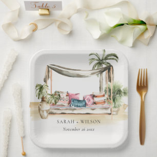 Tropical Palm Beach Watercolor Cabana Wedding Paper Plate