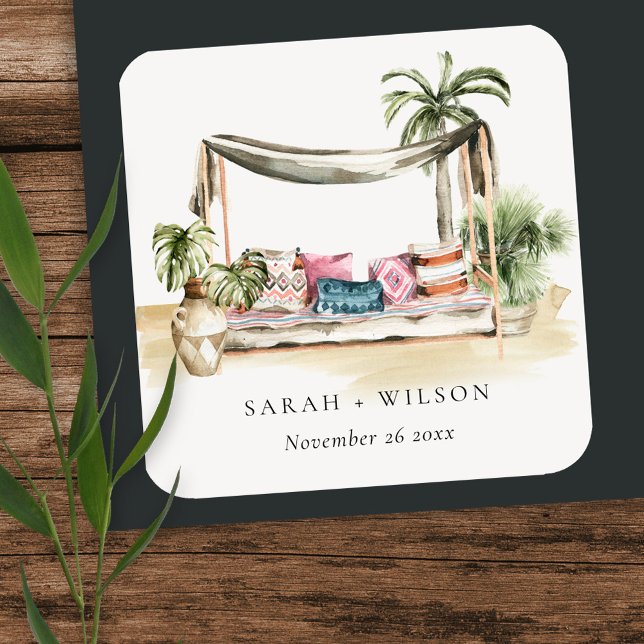 Tropical Palm Beach Watercolor Cabana Wedding Square Sticker (Creator Uploaded)
