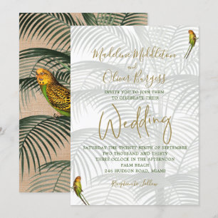 Tropical Palm Birds Elegant Rustic Gold Wedding Invitation