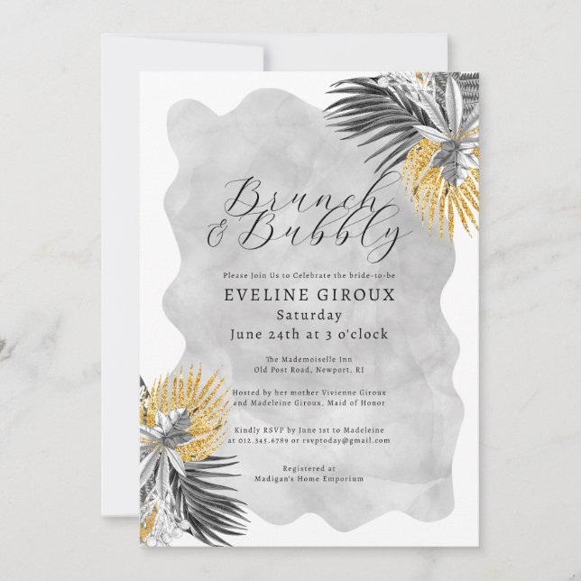 Tropical Palm Black White Gold Brunch Bubbly Invitation (Front)