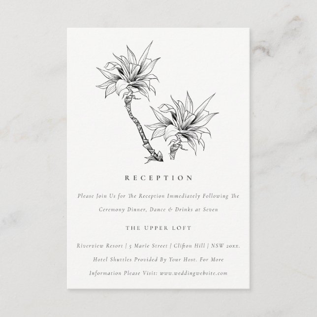 Tropical Palm Black White Sketch Wedding Reception Enclosure Card (Front)