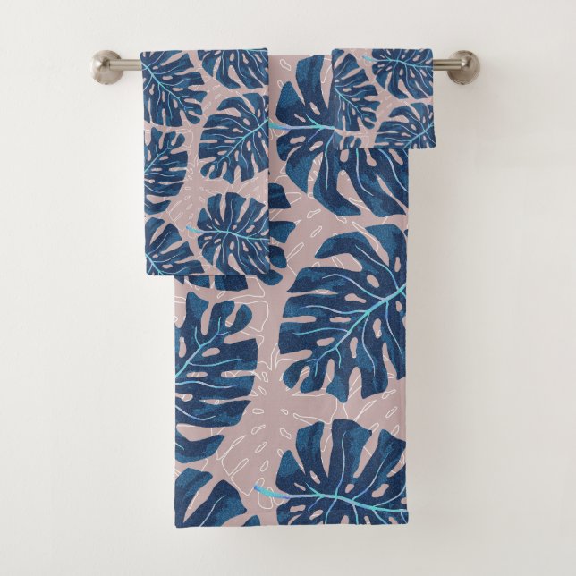 Tropical Palm Blue Grey Bath Towel Set (Insitu)
