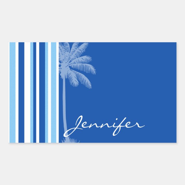 Tropical Palm; Blue & White Stripes Sticker (Front)