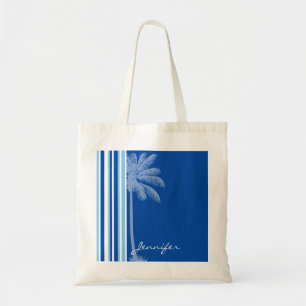 Tropical Palm; Blue & White Stripes Tote Bag