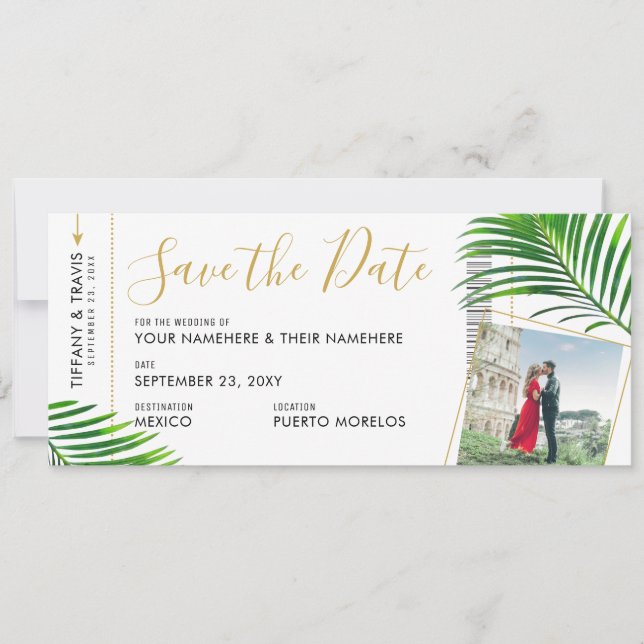 Tropical Palm Boarding Pass Photo Save the Date Announcement (Front)