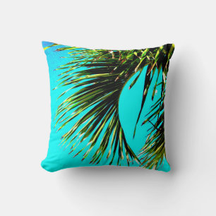 tropical palm bold and bright green and turquoise throw pillow