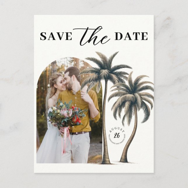 Tropical Palm Coastal Wedding Photo Save the Date Announcement Postcard (Front)