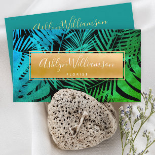 Tropical palm elegant gold teal green ombre script business card