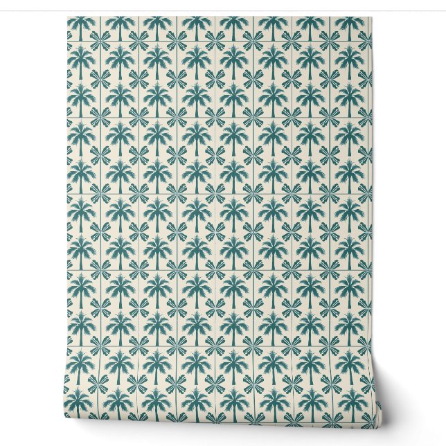Tropical Palm Escape Mini - Green, Beige - Coastal Wallpaper (Unrolling)