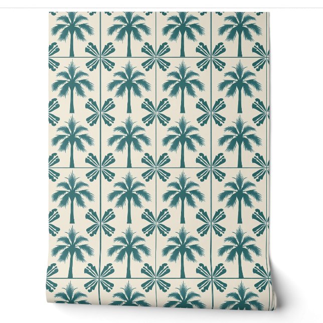 Tropical Palm Escape Petite Green, Beige - Coastal Wallpaper (Unrolling)