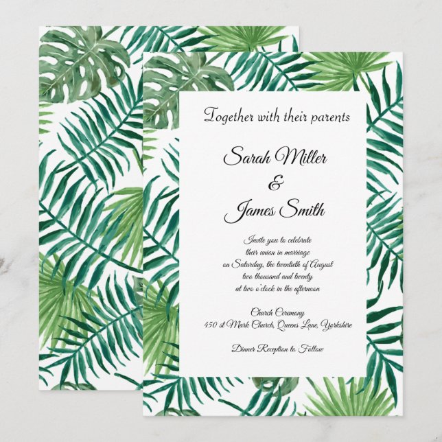 Tropical Palm Feuille Faire-part de mariage (Devant / Derrière)