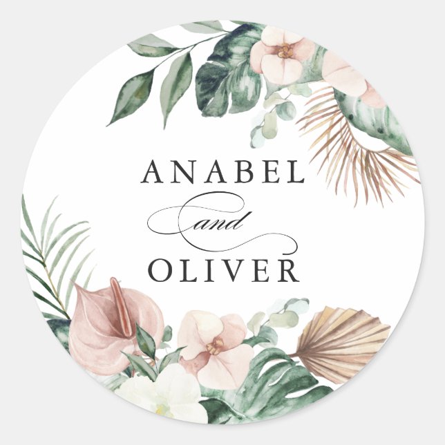 Tropical Palm Floral Blush Greenery Boho Envelope Classic Round Sticker (Front)