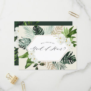 tropical palm floral maid of honour proposal card