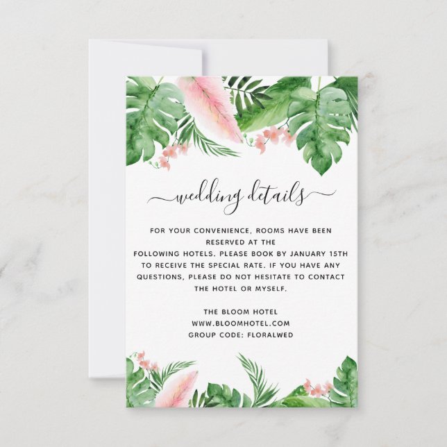 Tropical Palm Floral Watercolor Wedding Details Invitation (Front)