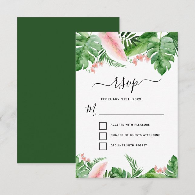 Tropical Palm Floral Watercolor Wedding RSVP Invitation (Front/Back)