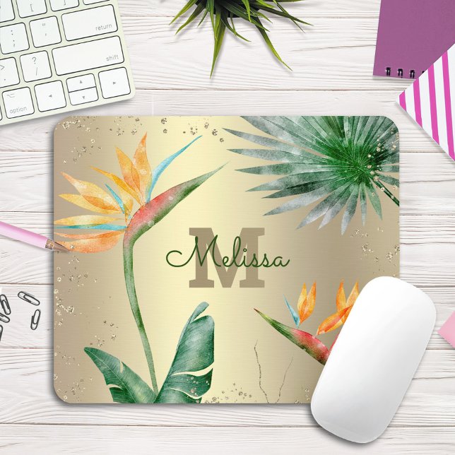 Tropical Palm Foliage Floral Monogram Script Gold  Mouse Pad (Creator Uploaded)