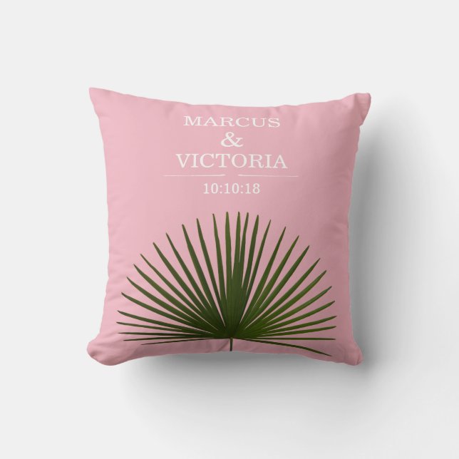 Tropical Palm Frond Leaf Pink Wedding Throw Pillow (Front)