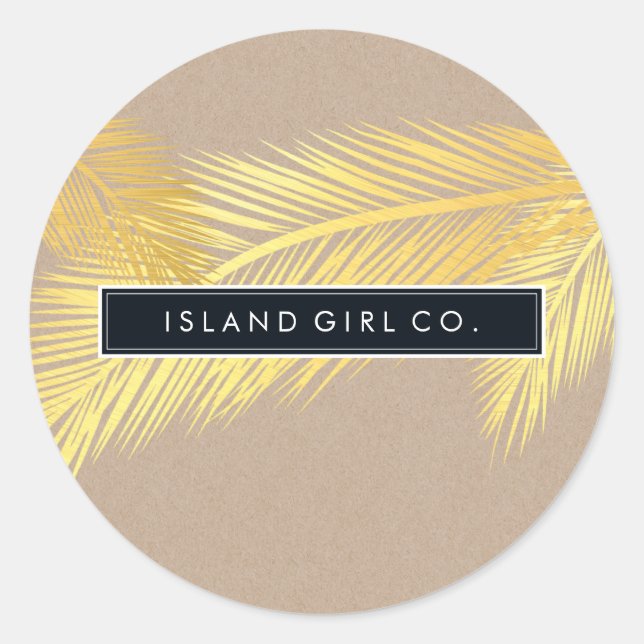TROPICAL PALM FRONDS cute gold foil bold kraft Classic Round Sticker (Front)
