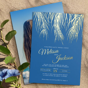 Tropical palm fronds wedding blue gold foil