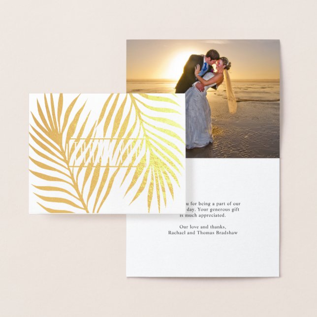 Tropical Palm Fronds Wedding Photo Thank You Foil Card (Display)
