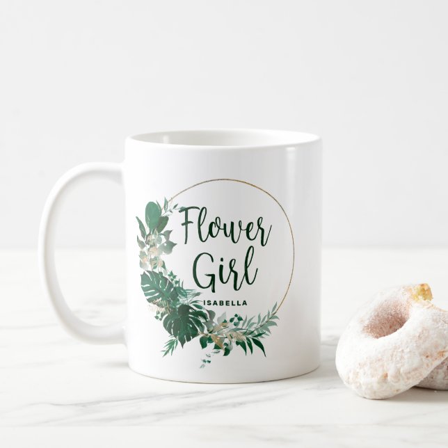 Tropical Palm Gold Circle Personalized Flower Girl Coffee Mug (With Donut)