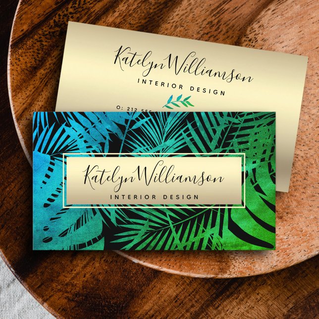 Tropical palm gold green teal ombre elegant script business card (Creator Uploaded)