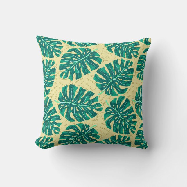 Tropical Palm Green Beige Throw Pillow (Front)