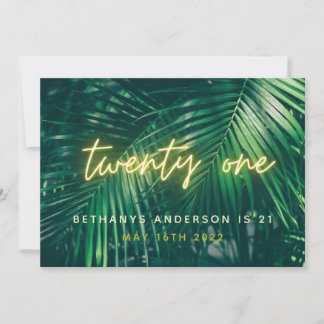 Tropical palm green neon script 21st birthday part save the date