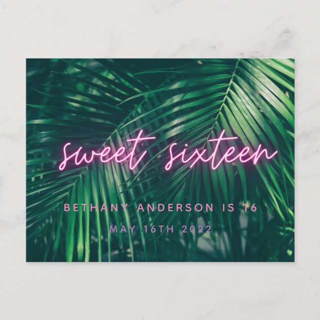 Tropical palm green neon script sweet 16 birthday  postcard (Front)