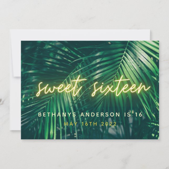 Tropical palm green neon script sweet 16 birthday save the date (Front)