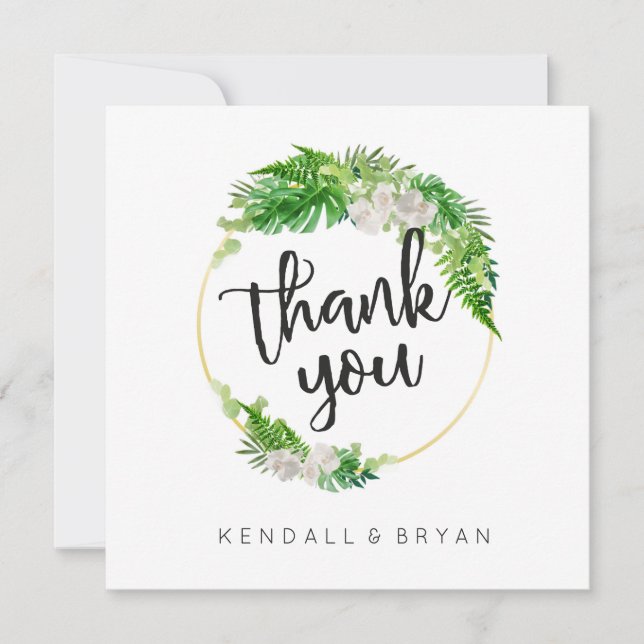 Tropical Palm Greenery and Gold Wreath Thank You (Front)