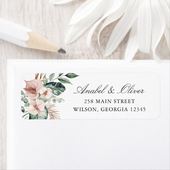 Tropical Palm Greenery Blush Floral Return Address (Insitu)
