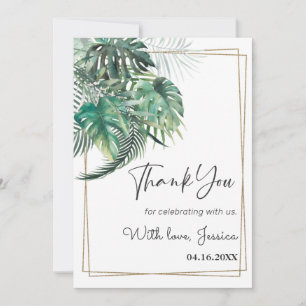 Tropical palm greenery gold frame bridal shower thank you card