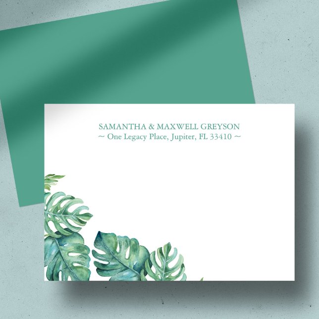 Tropical Palm Greenery Personalized Stationery Card (Personalized notecards feature watercolor monstera palm leaves by Victoria Grigaliunas)