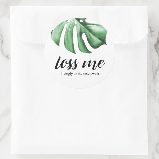Tropical Palm Greenery Toss Me Lovingly Newlyweds Classic Round Sticker (Bag)