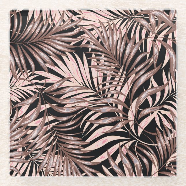 Tropical Palm: Jungle Floral Pattern. Glass Coaster (Front)