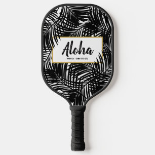Tropical Palm Leaf Aloha Black White Personalized Pickleball Paddle