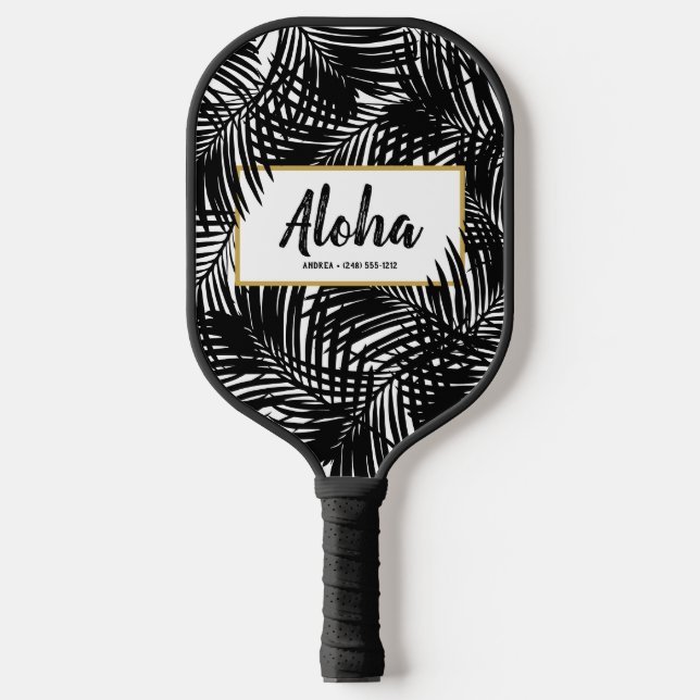 Tropical Palm Leaf Aloha Black White Personalized Pickleball Paddle (Front)