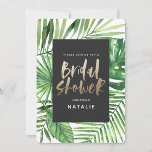 Tropical palm leaf and gold script bridal shower save the date