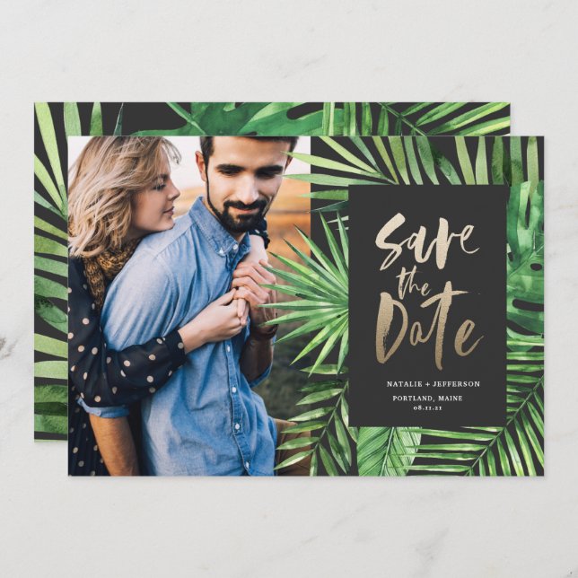 Tropical palm leaf and gold script foliage photo save the date (Front/Back)