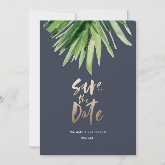 Tropical palm leaf and gold script save the date (Front)
