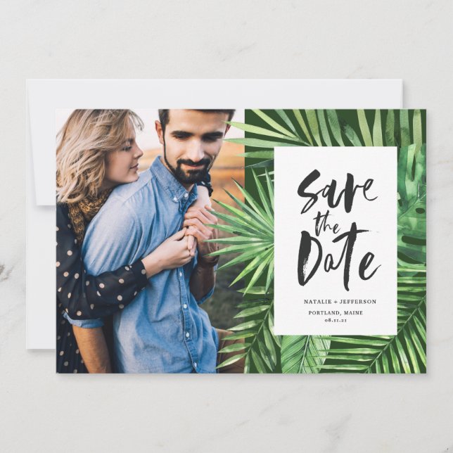 Tropical palm leaf and script foliage photo save the date (Front)