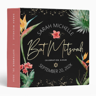 Tropical Palm Leaf Bat Mitzvah Black Gold Keepsake Binder