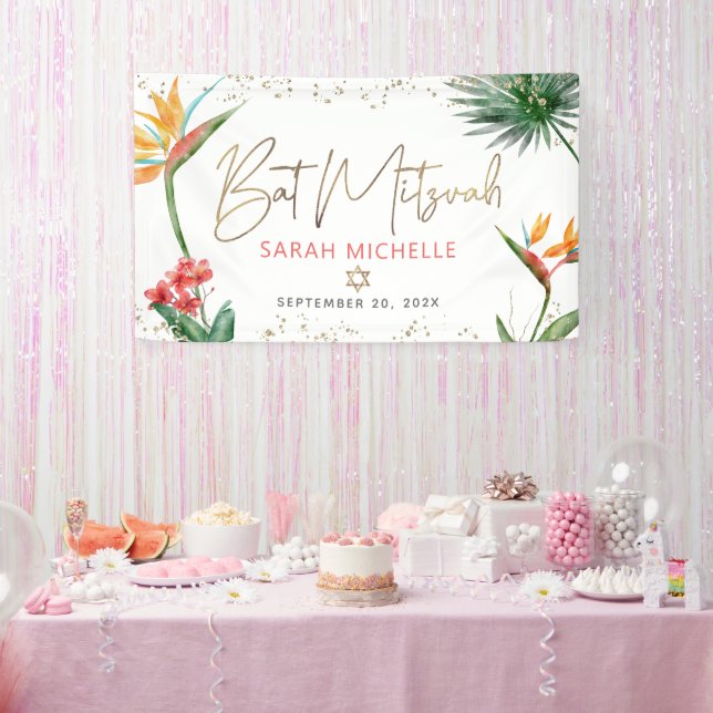 Tropical Palm Leaf Bat Mitzvah Gold Script Welcome Banner (Party)